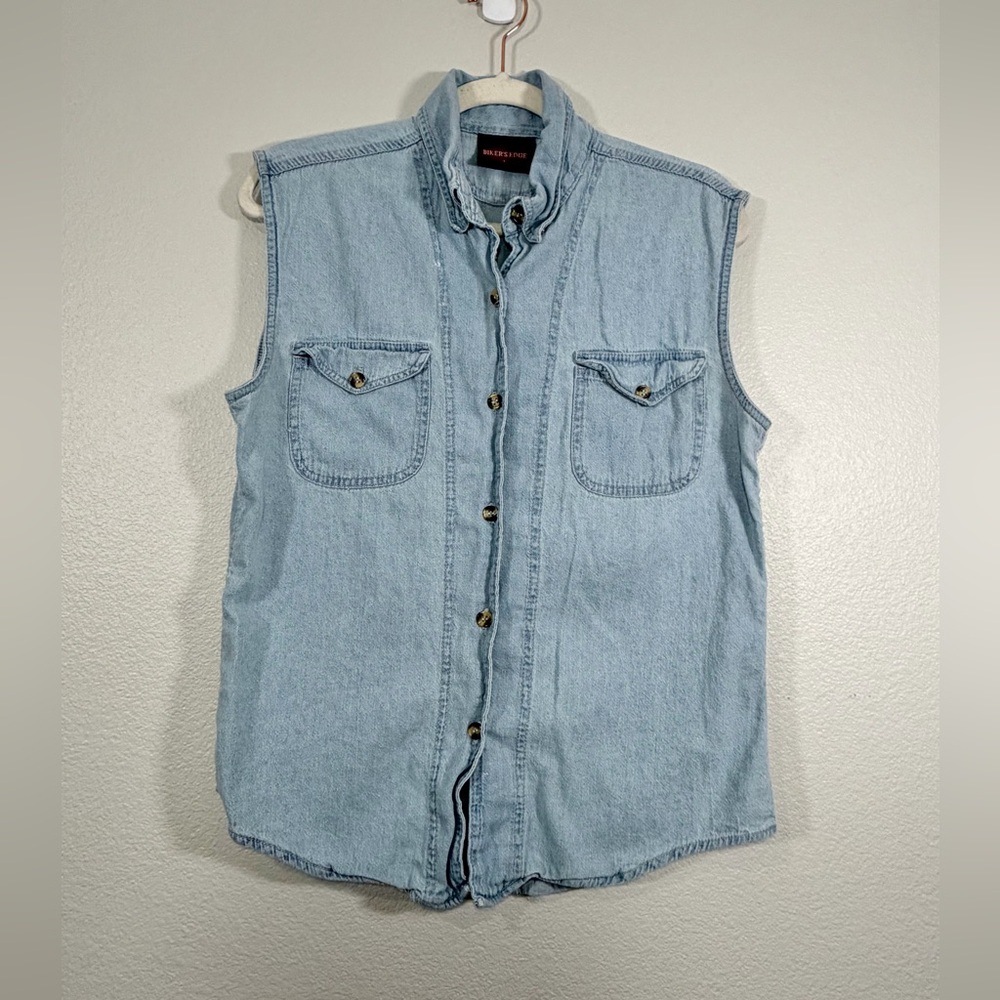 Biker’s Edge Vest Blue Sleeveless Denim Shirt Button Down Motorcycle Women L